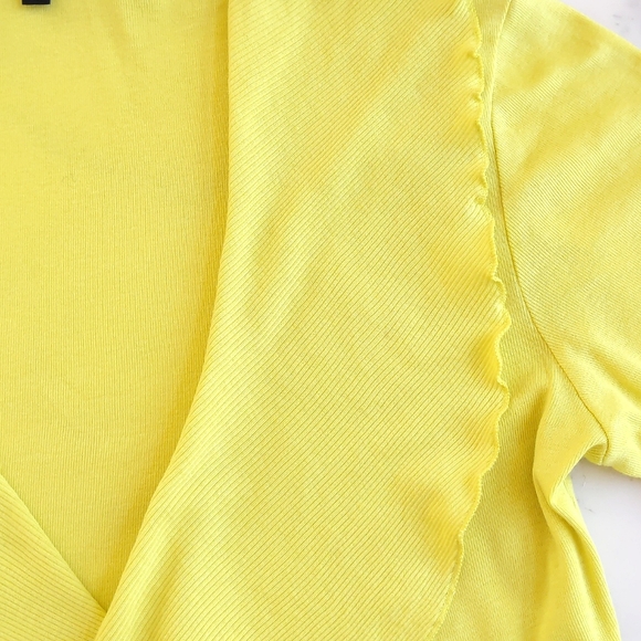 Express Cotton and Modal Bright Yellow Short Sleeve Openfront w/Ruffle Cardigan. - Picture 4 of 4